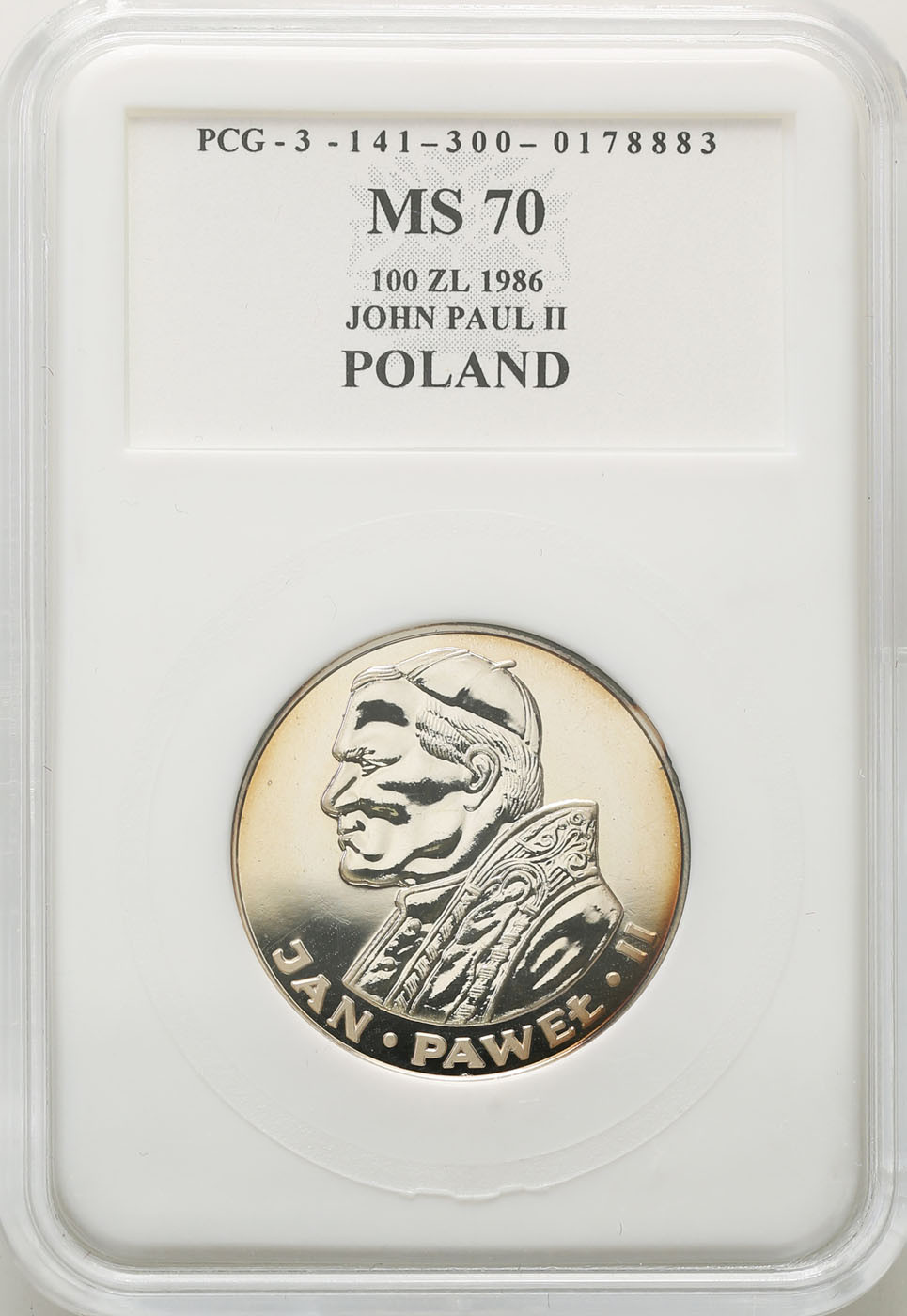 PRL. 100 złotych 1986 Papież Jan Paweł II, stempel zwykły PCG MS70